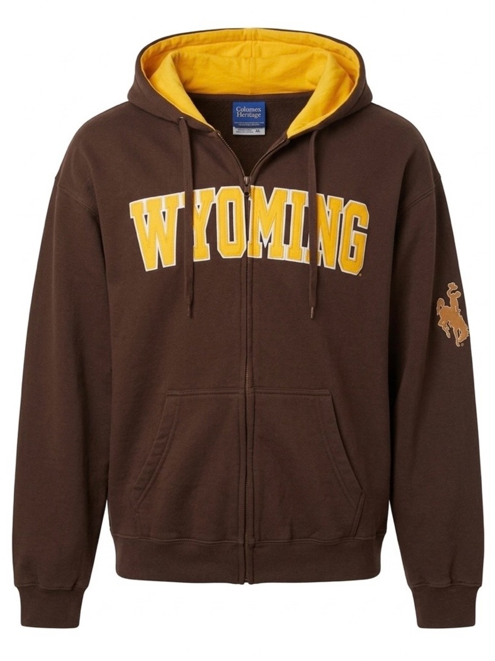 Gildan Brown Full-Zip Hoodie with Gold Lined Hood - Wyoming Applique